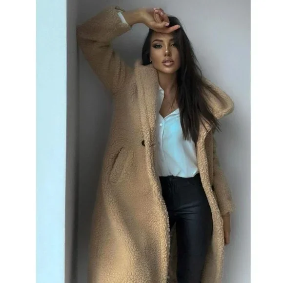 Camel Long Sleeve Hoodie Hooded Long Maxi Borg Teddy Bear Fur Coat - Picture 10 of 16